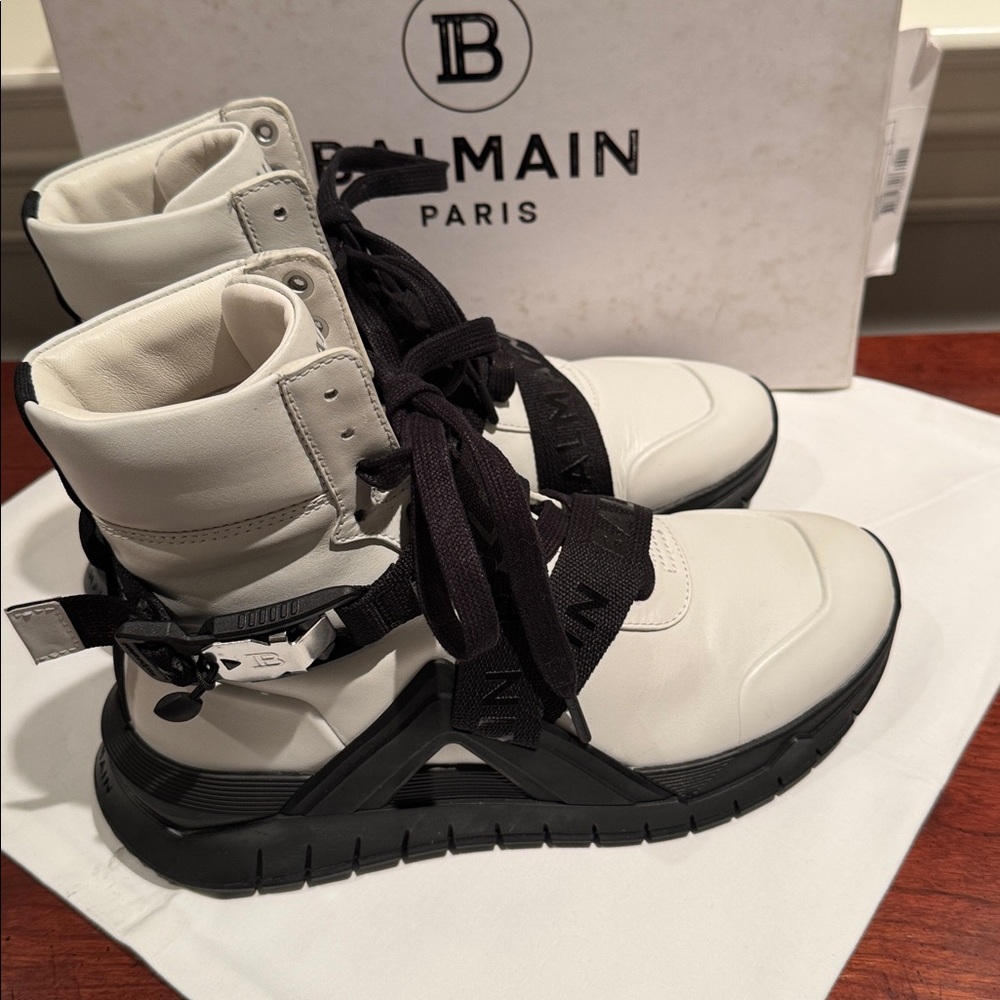 BALMAIN PARIS B TROOP HI-TOP SNEAKERS IN WHITE LEATHER W/BLACK LACES STRAPS EU40 - Picture 9 of 15